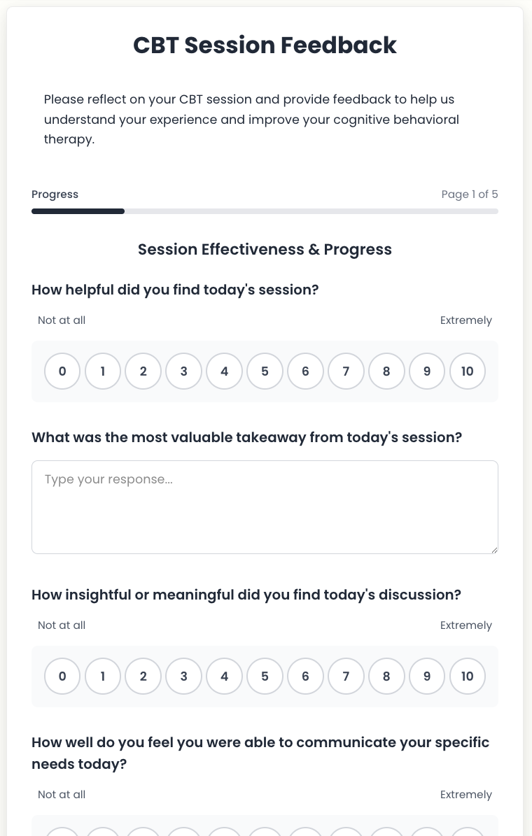 Patient feedback form: CBT Session Feedback with Likert scale questions and progress tracker