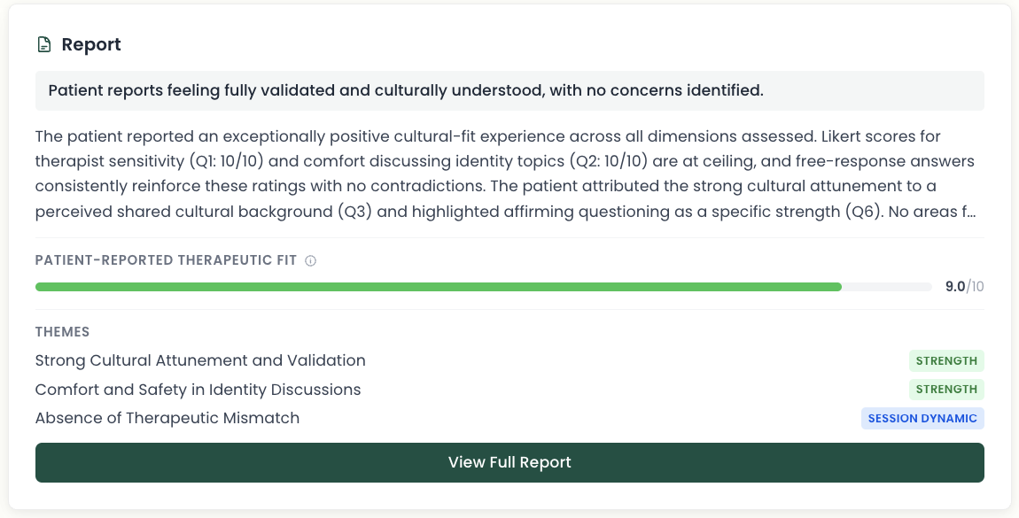 AI-generated clinical report showing therapeutic fit score, themes, and session summary